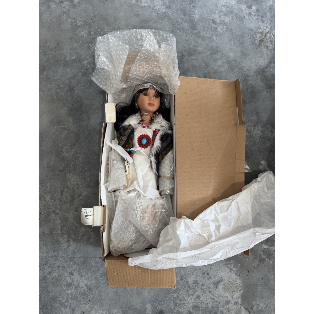 Vintage Native American Style Porcelain Doll Faux Fur Trimmed Outfit In Box
